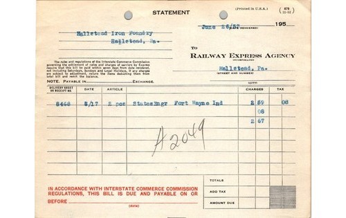 1952 Railway Express Agency REA Hallstead Iron Foundry Document Pennsylvania