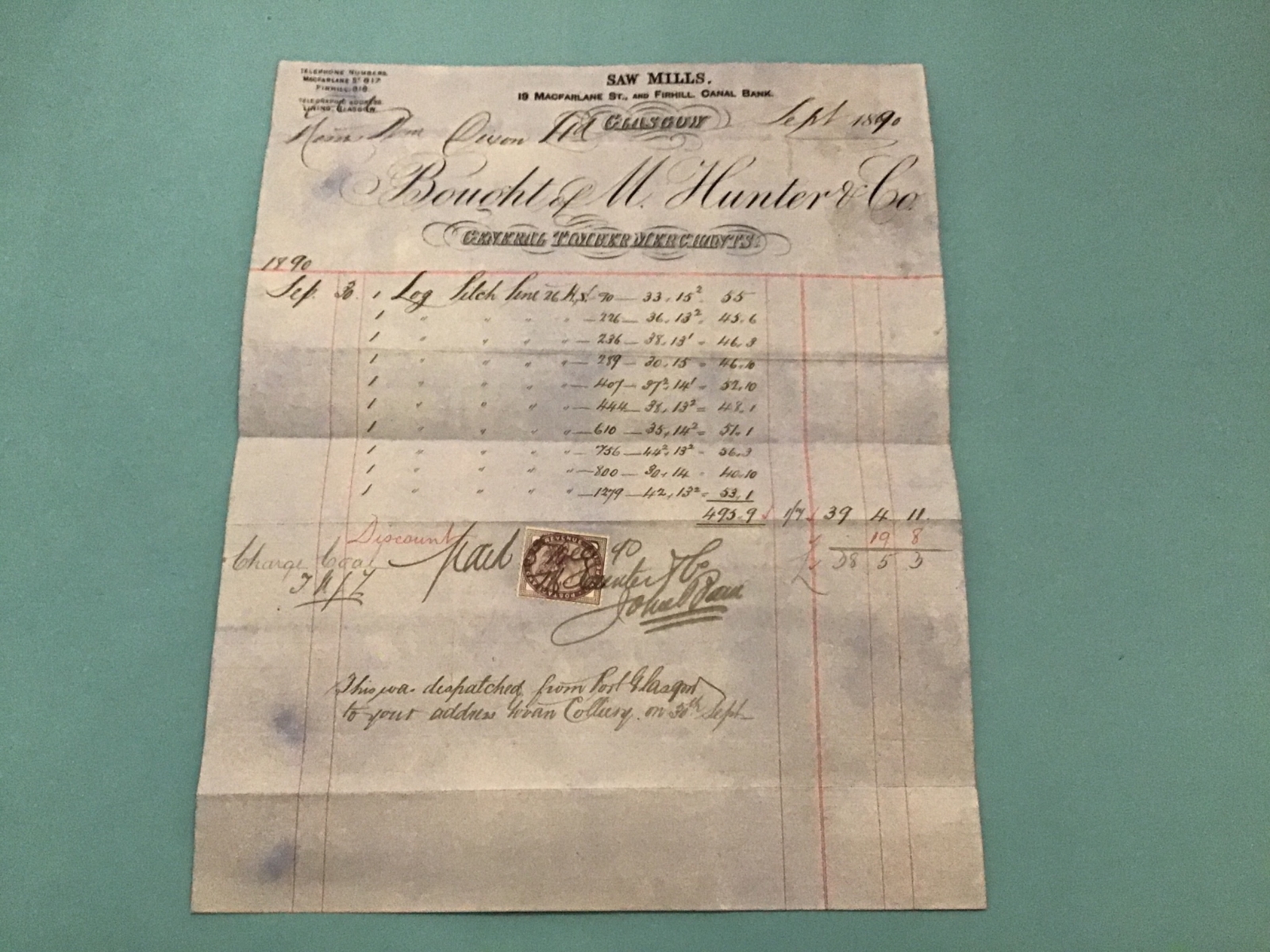 U.K. Glasgow M. Hunter & Co Timber Merchants Stamped 1890 Receipt R42652