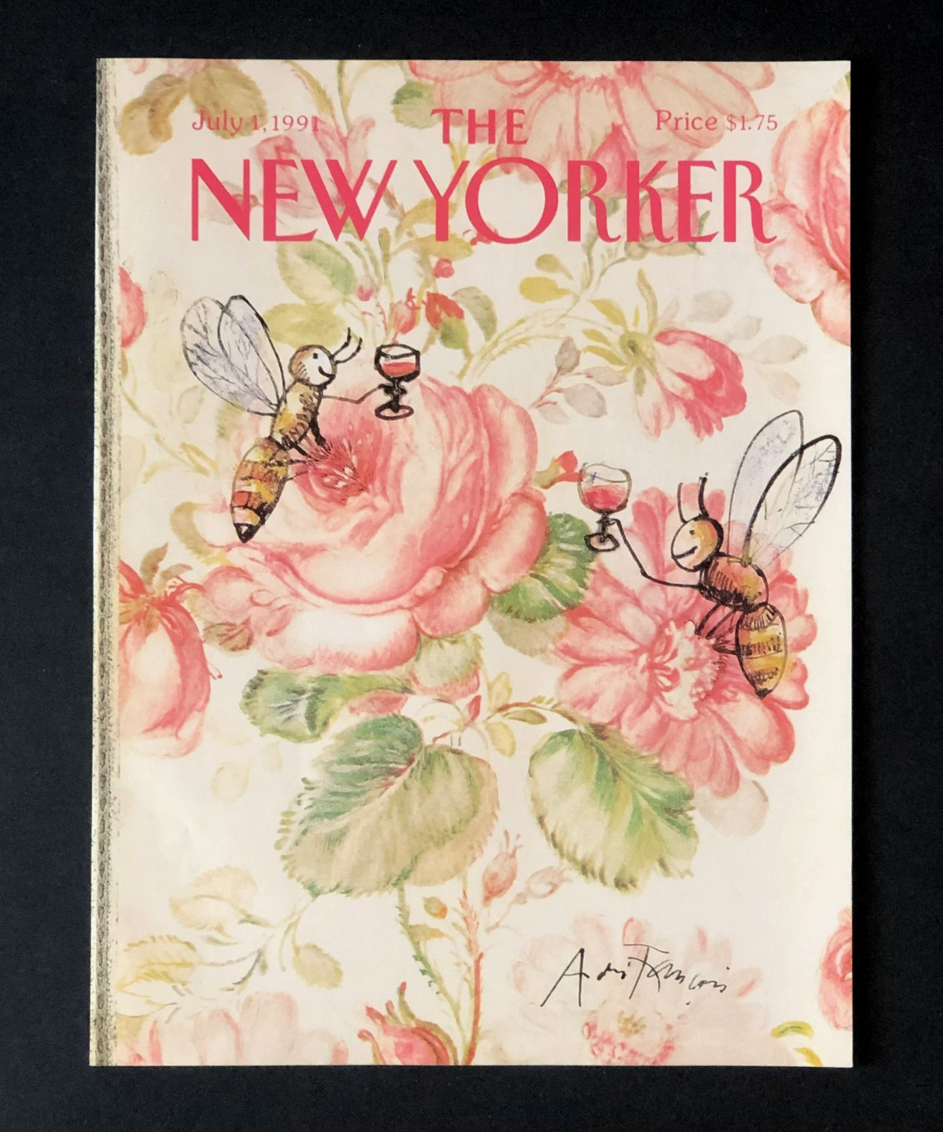1991 New Yorker Magazine Cover Bees Drinking Wine Flowers Art Francois Vintage