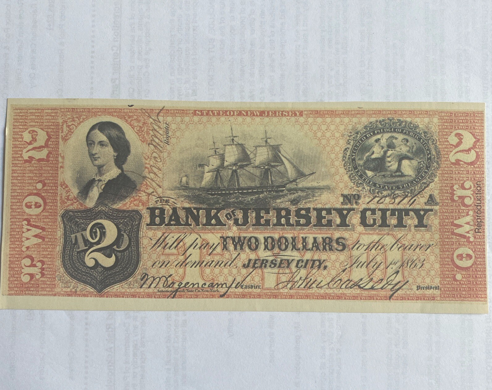 Vintage U.S. Bank Note Reproduction $2 Bill Jersey City Pre Civil War