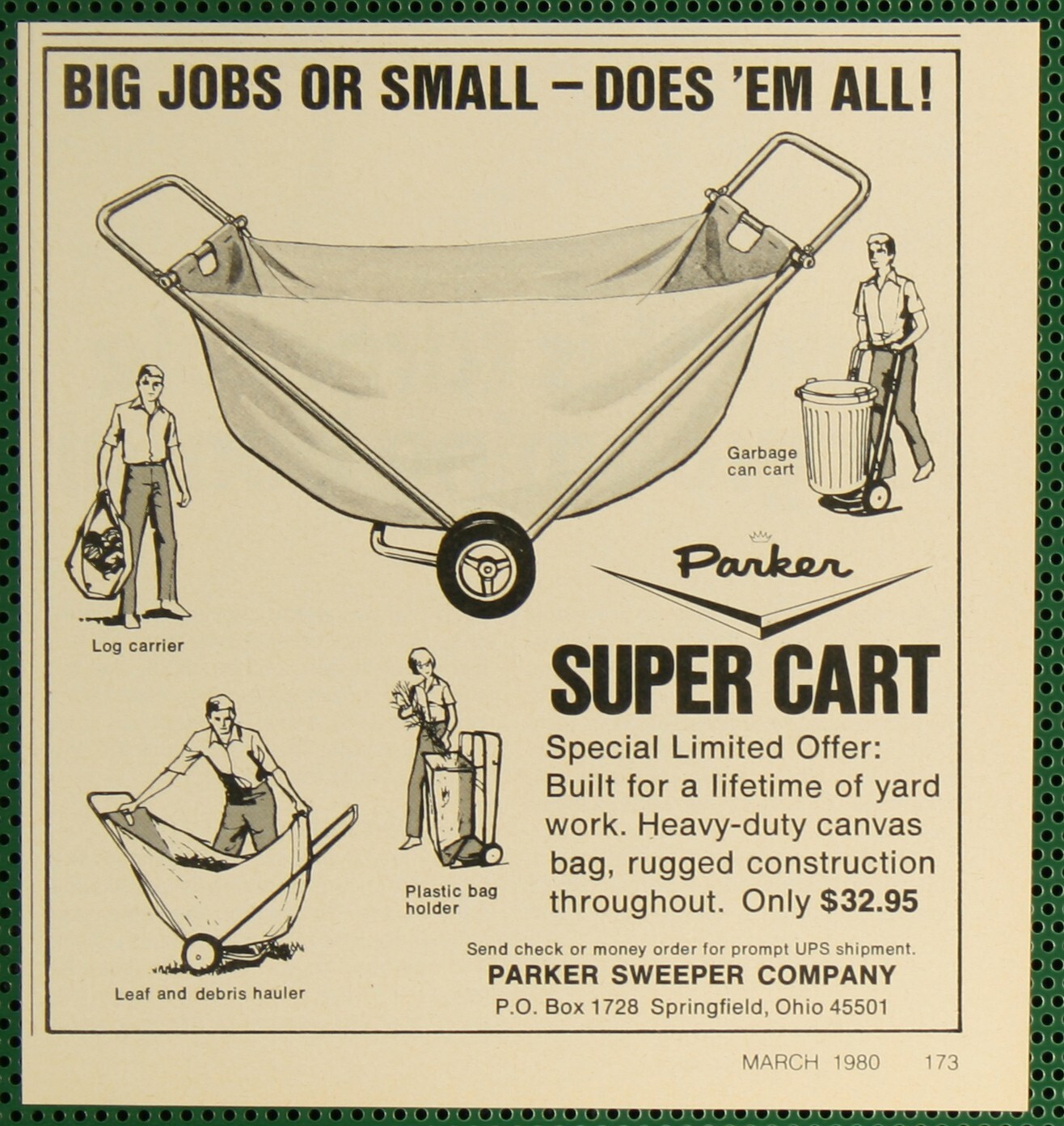 Parker Super Cart Yard Work Leaf Log Garbage Can Hauler Vintage Print Ad 1980