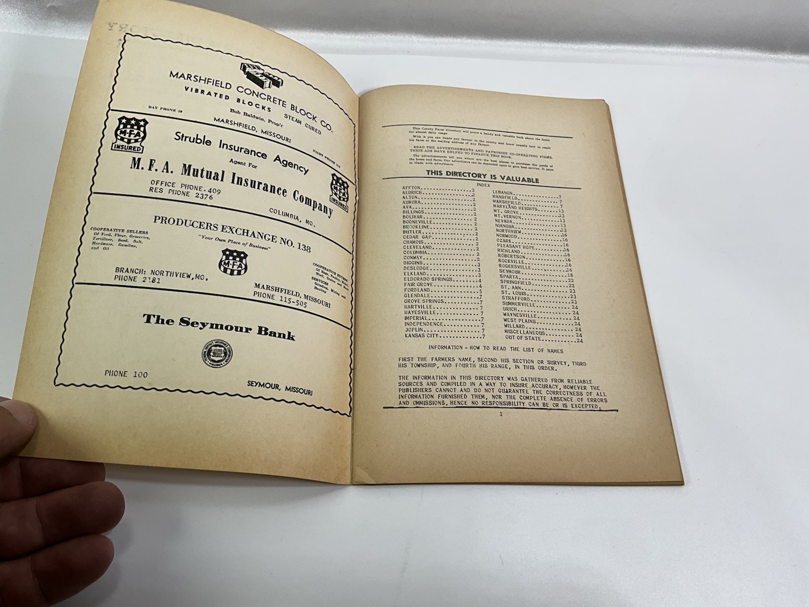 Vintage Webster County Missouri Farm Directory Marshfield Seymour Ford Ads