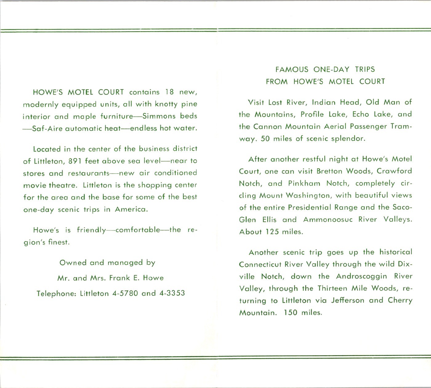 1950s Howe’s Motel Court Brochure Littleton NH White Mts Old Man of the Mountain