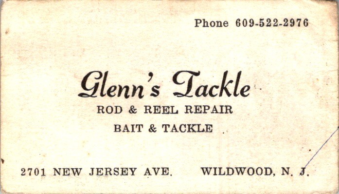 Glenn’s Tackle Wildwood NJ Business Card c1950s Rod & Reel Repair Bait & Tackle