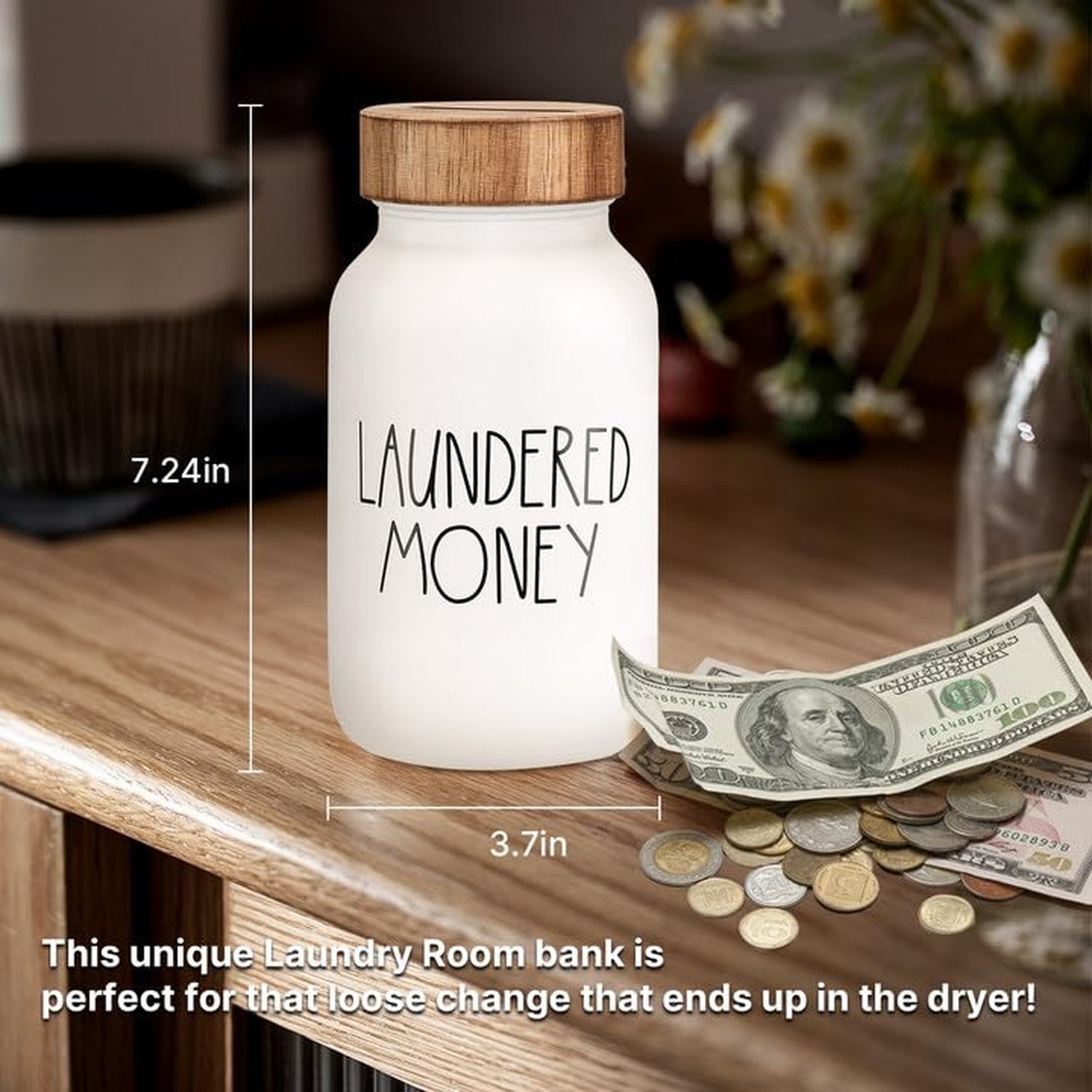 Laundry Room Decor & Organization – Premium Matte White Glass Coin Bank with …