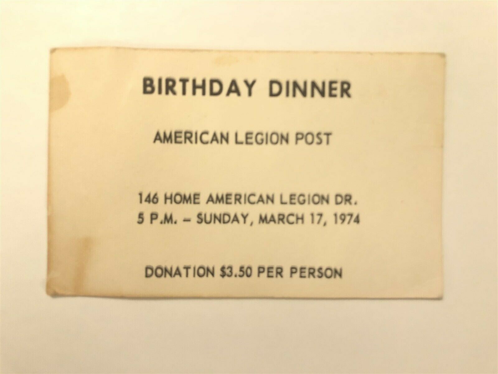1974 Burlington County American Legion Birthday Dinner Ticket New Jersey NJ Vtg