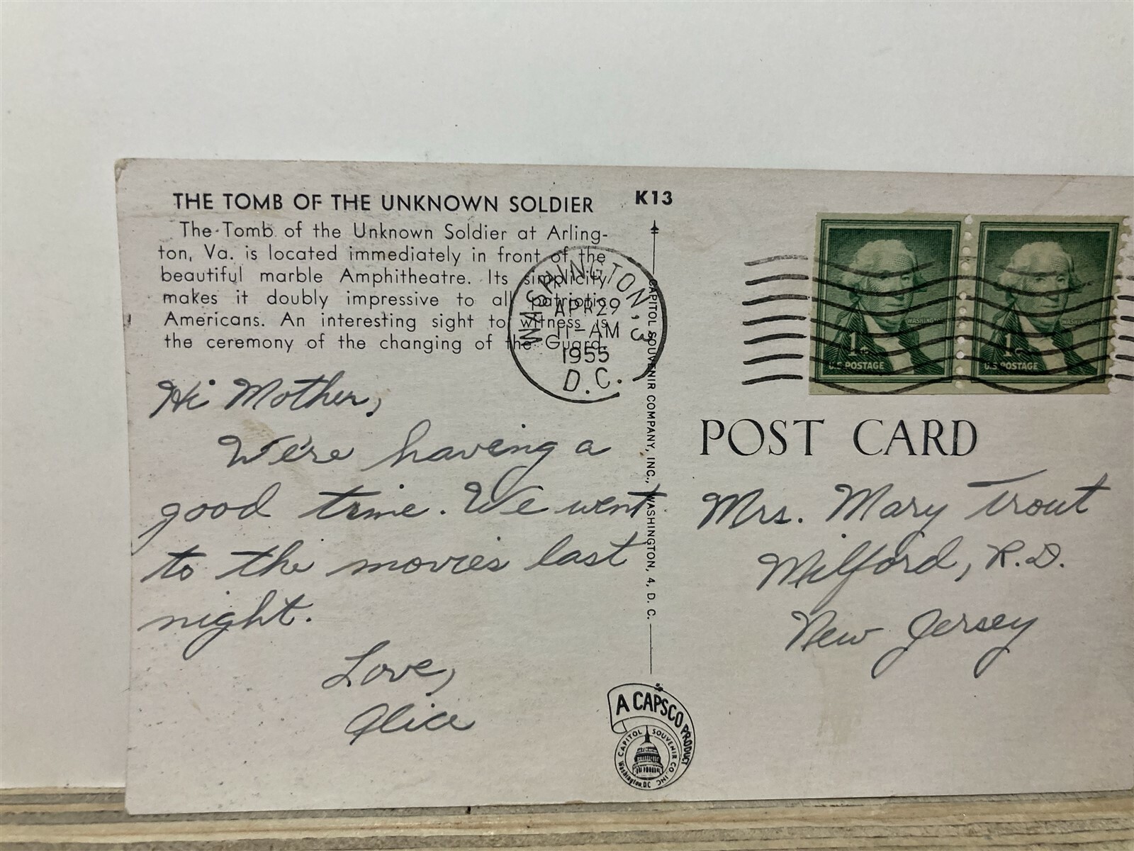 1955 The Tomb of the Unknown Soldier Post Card Postcard Washington DC Vtg