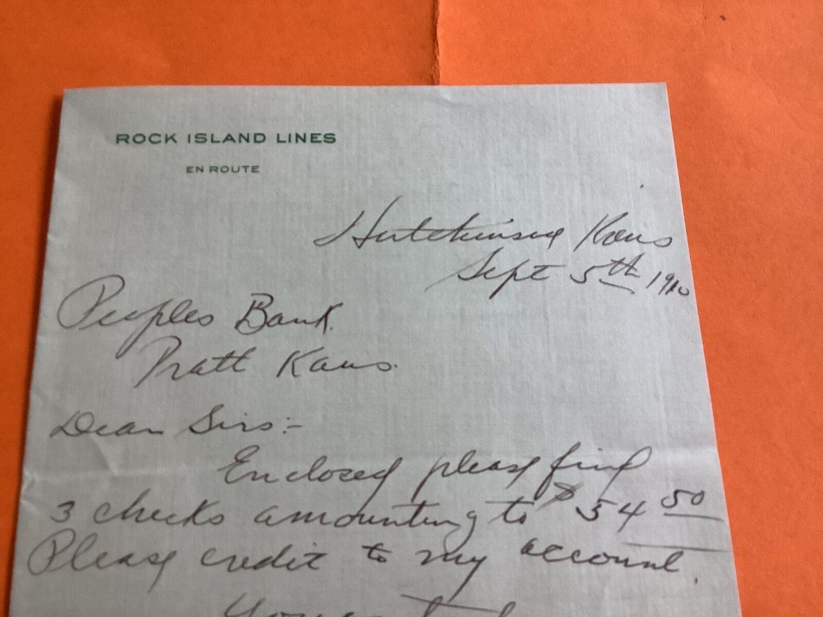 U.S. Rock Island Lines 1910 Letter Receipt R39920