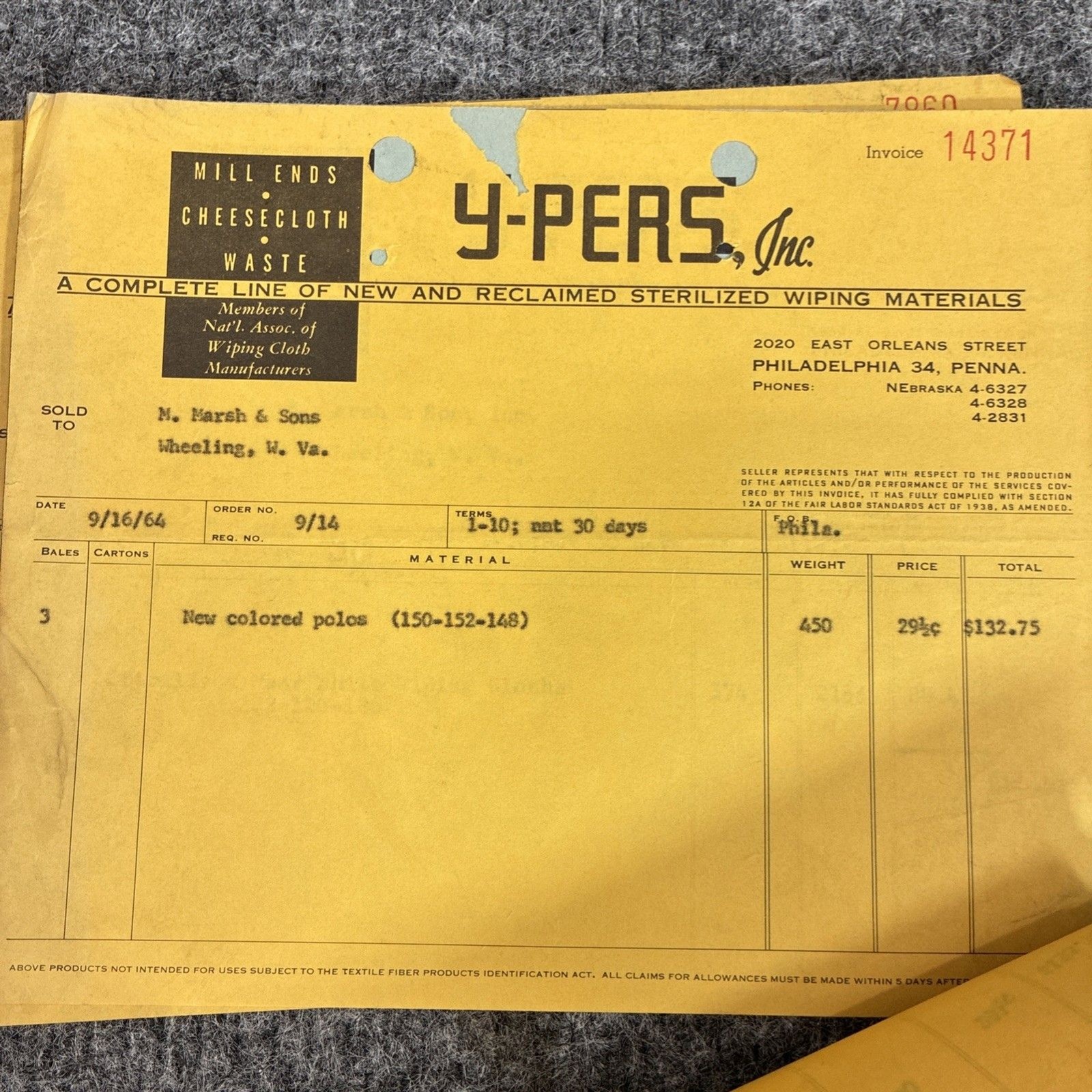 1950s 1960s Y PERS Industrial Invoice Lot Philadelphia PA Wheeling WV Cigar