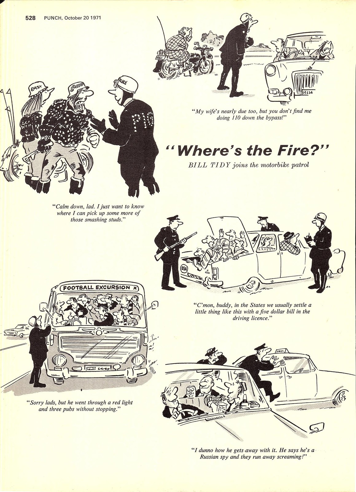 Original 1971 Punch Cartoon Page ‘Where’s the Fire?’ Vintage BILL TIDY Print