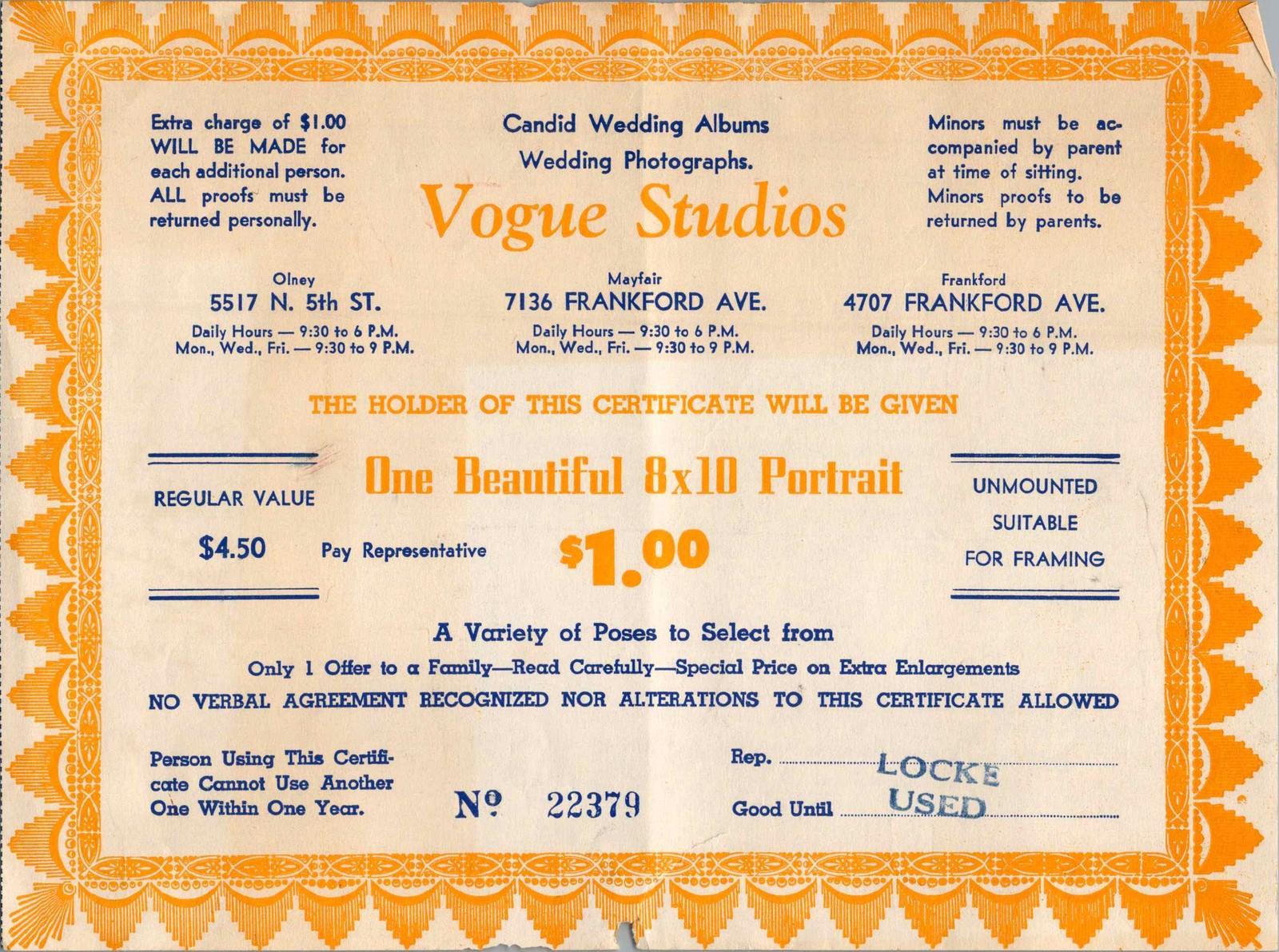 Vogue Studios Phila Promo Certificate 8×10 Portrait c1950s Orange Blue