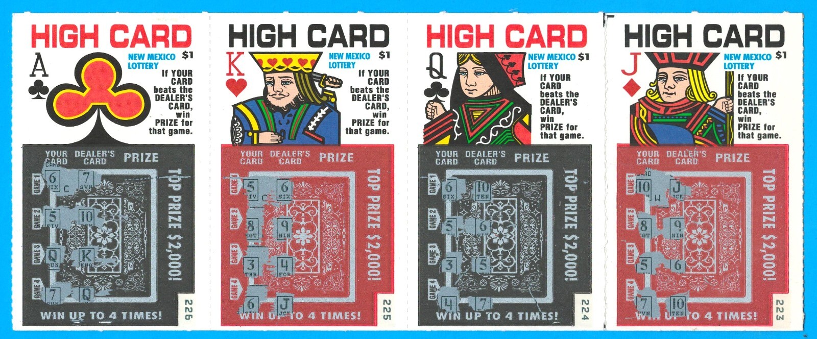 New Mexico Lottery expired scratch tickets HIGH CARD vintage set of 4 circa 1999