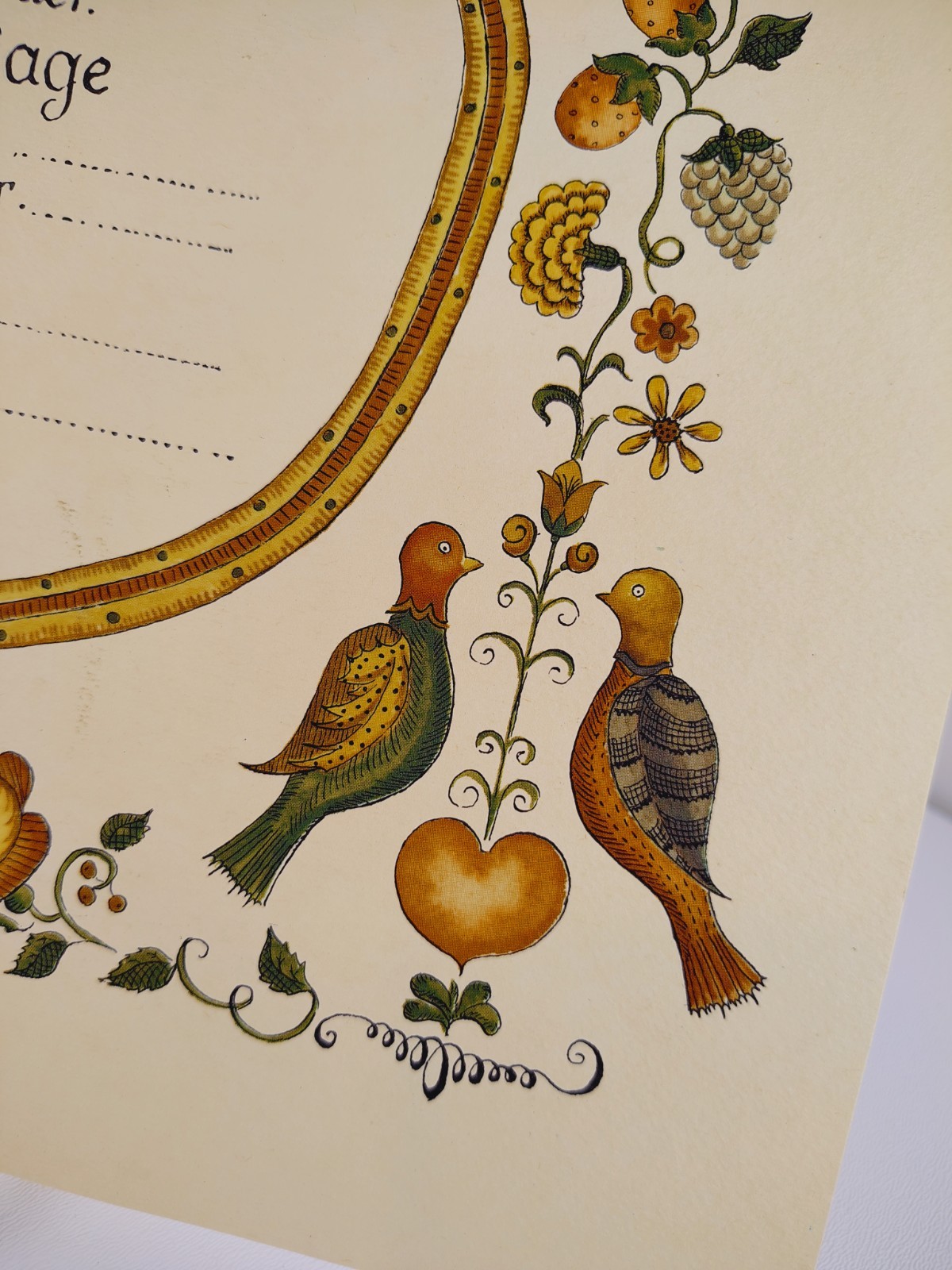 Vintage Primitive Folk Art Marriage Certificate Angel Birds Heart BLANK NEW