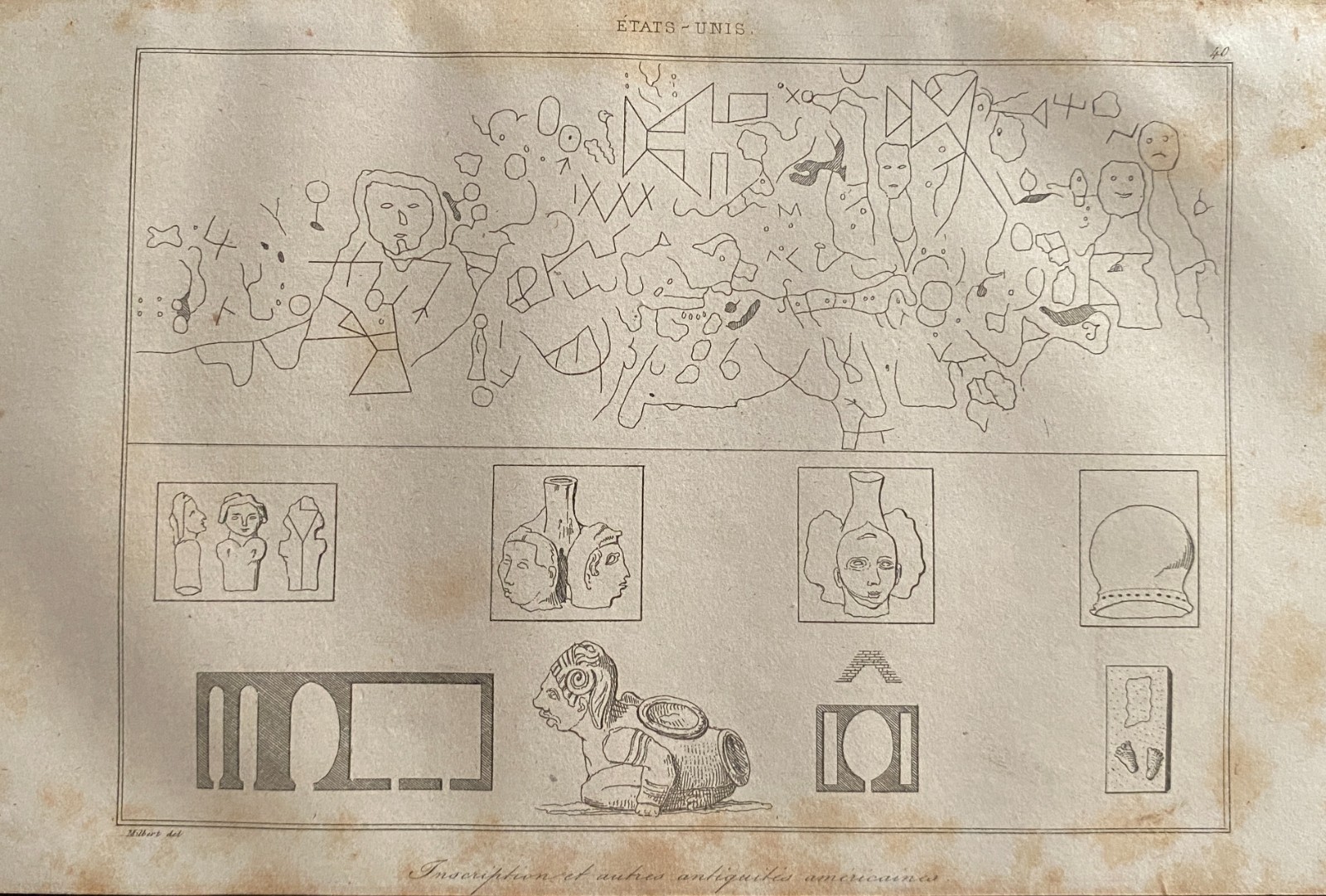 Engraving United States 1840 ” Inscription And American Antiquities “