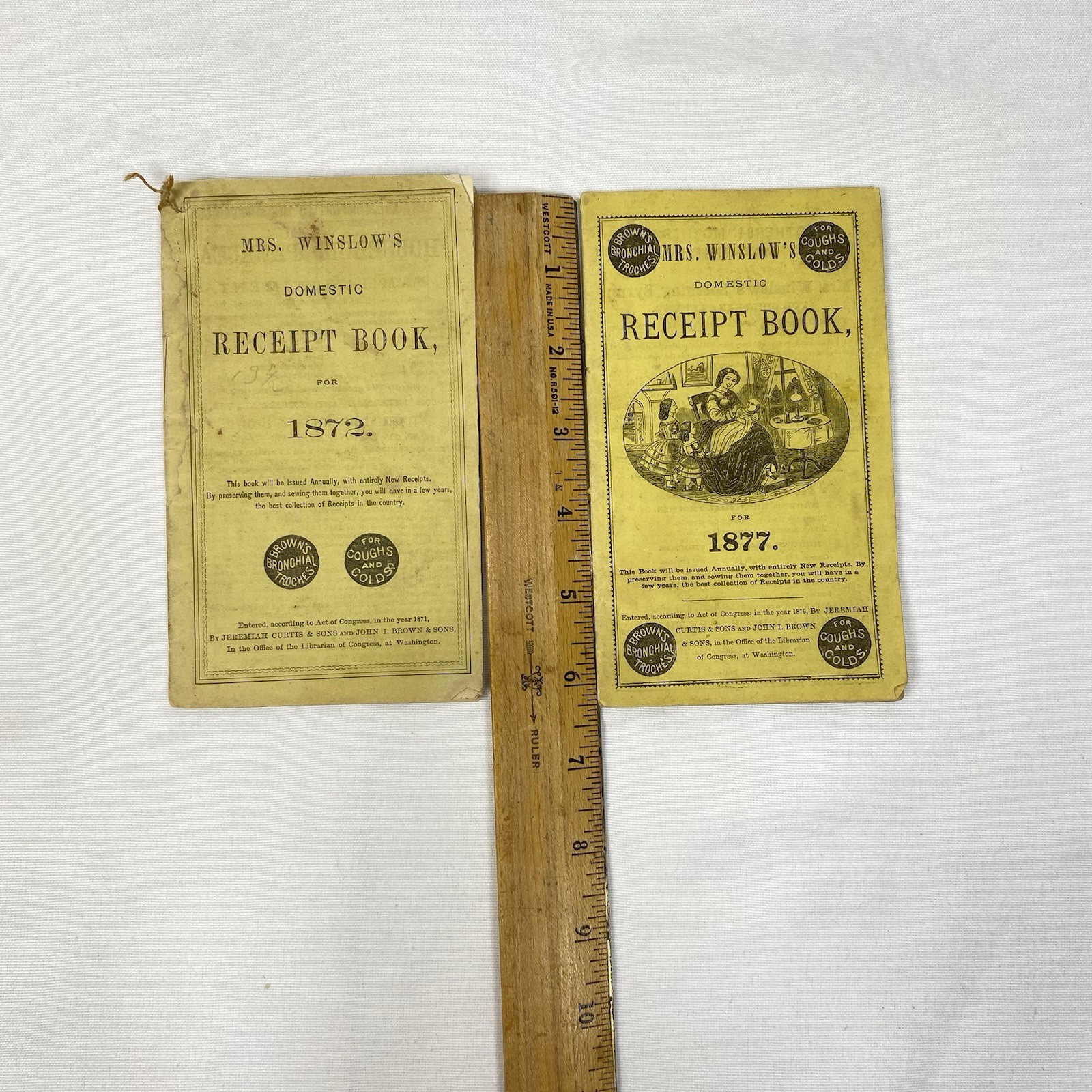 Lot of 2 Mrs Winslow’s Receipt Books 1872, 1877 Brown’s Bronchial Troches