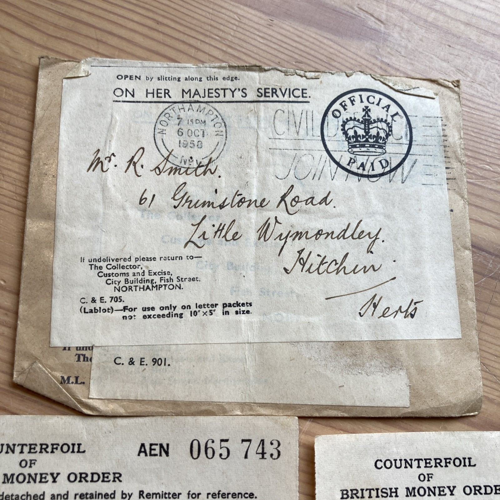 1958 British Money Order Counterfoils & Envelope