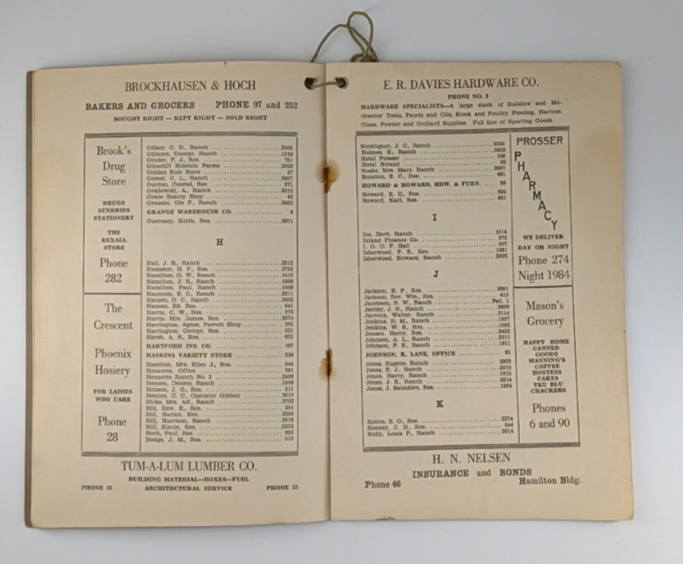 Telephone Directory Prosser Byron Paterson Washington October 1928 Vintage
