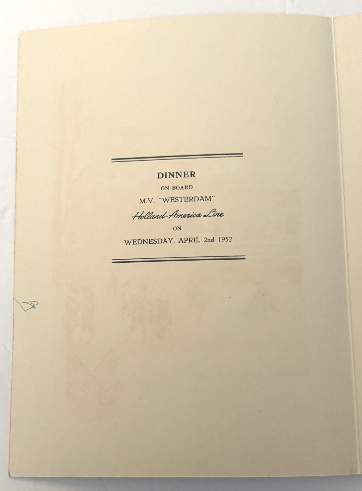 Vtg 1952 Dinner Menu Holland American Cruise Line April 2nd 1952