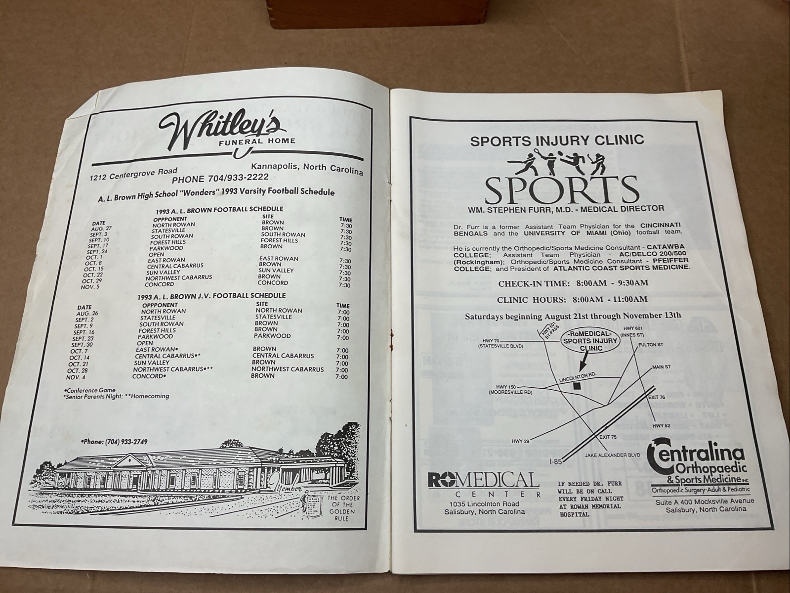 3 Sep 1993 Football Program A.L Brown Vs Statesville High School Nc B69