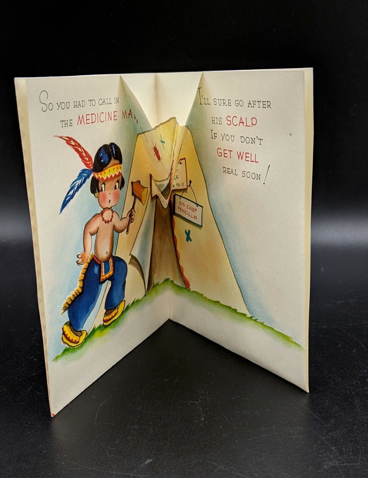 Vtg Wallace Brown Greeting Card GET WELL Native Chief Medicine Man POP UP Tepee