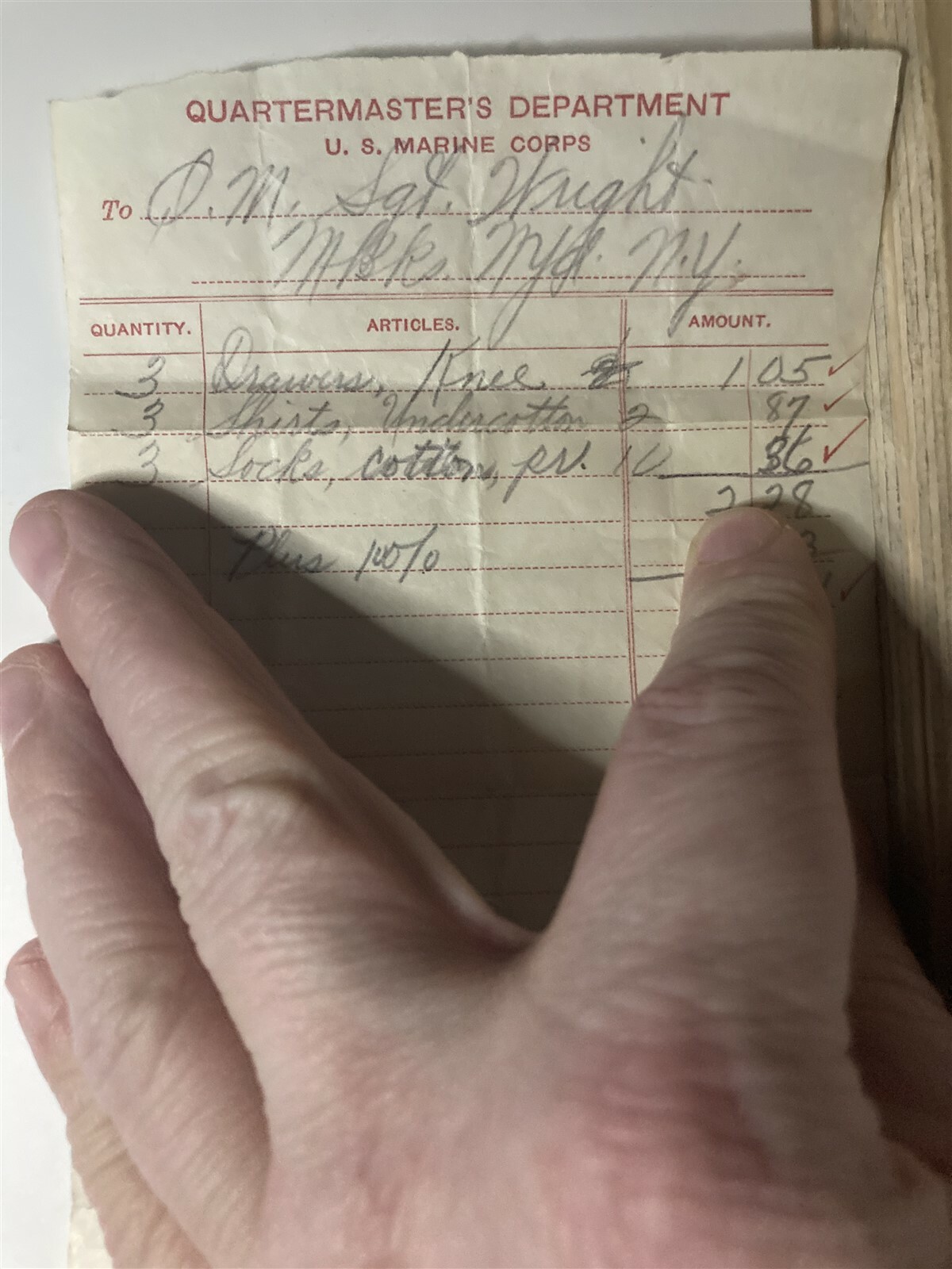 1924 United States Marine Corps Quartermasters Department Uniform Receipt USMC