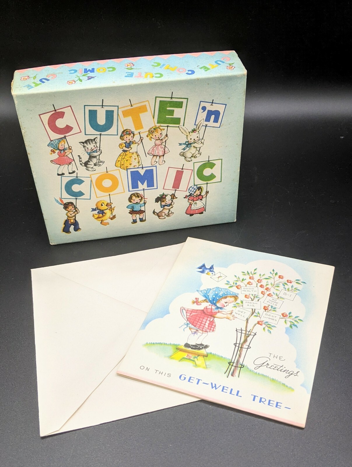 Unsigned Vintage Wallace Brown Greeting Card GET WELL Tree Girl Bluebird wishes