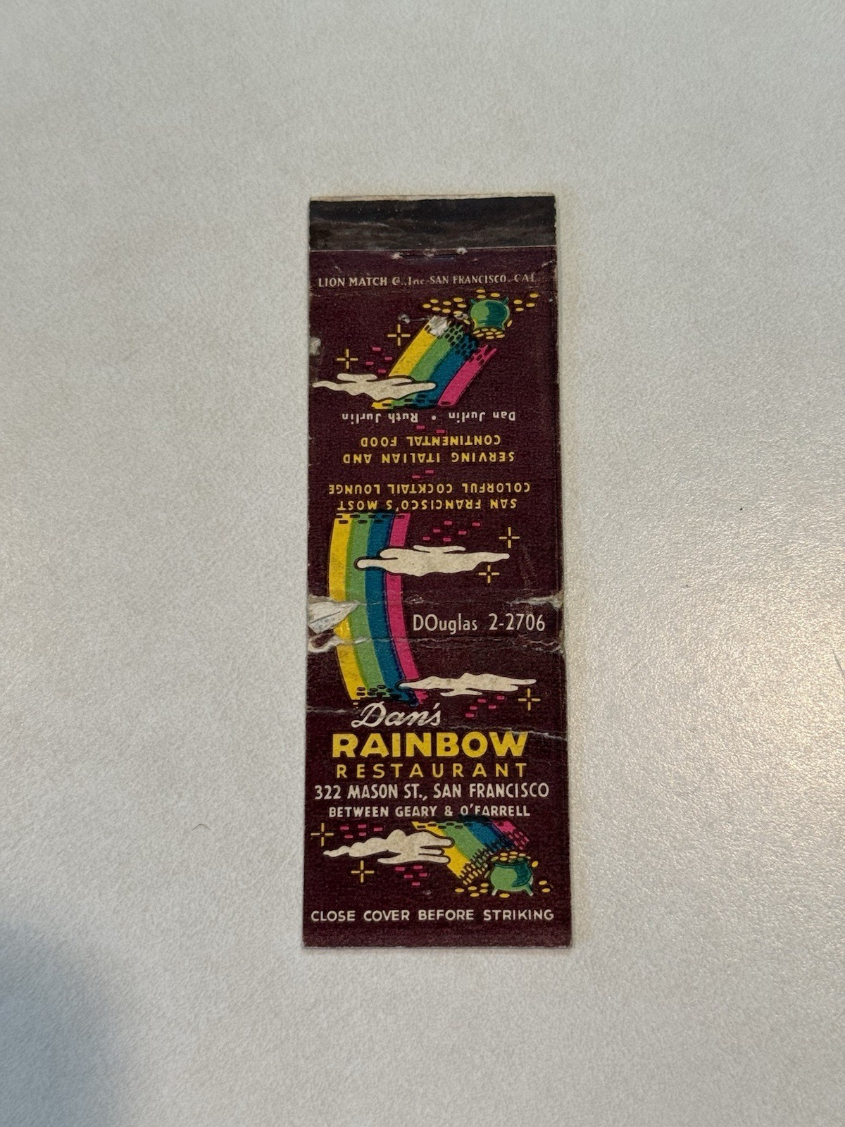 Dans Rainbow Restaurant San Francisco California Matchbook Cover 800