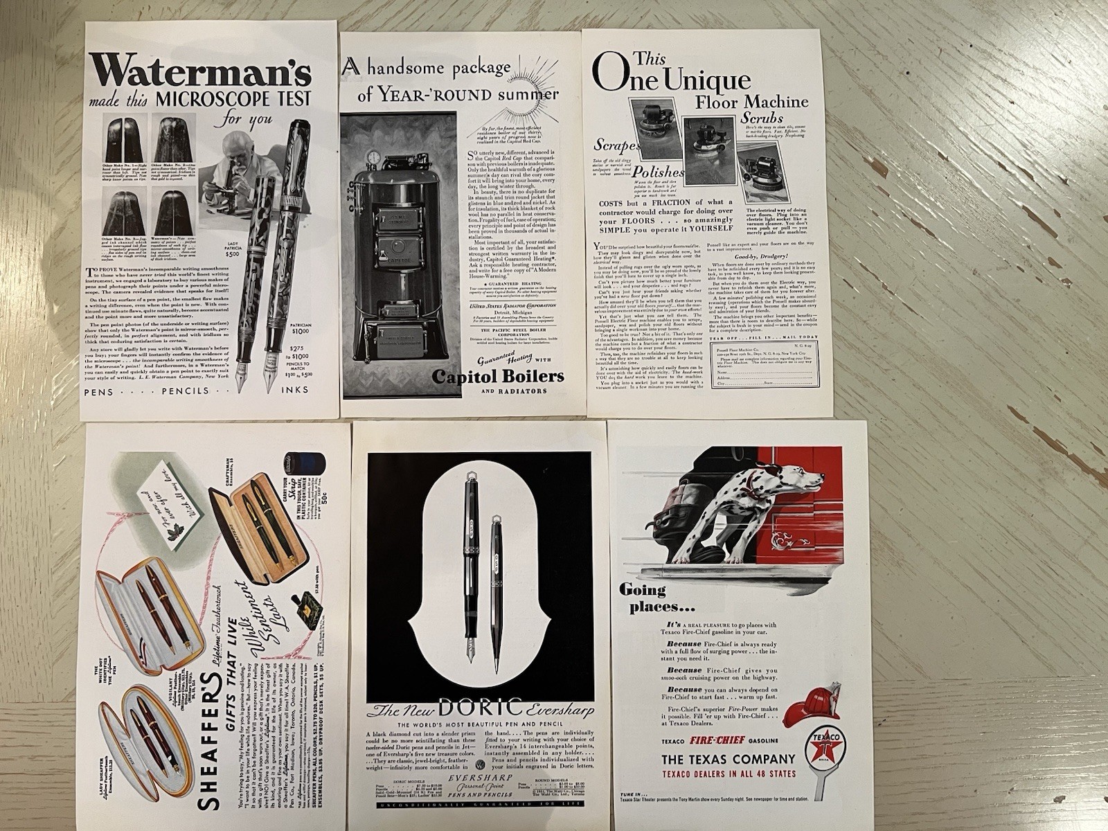 Lot of 6 Vintage Print Ads Waterman’s Sheaffer Texaco Eversharp Capital Boilers