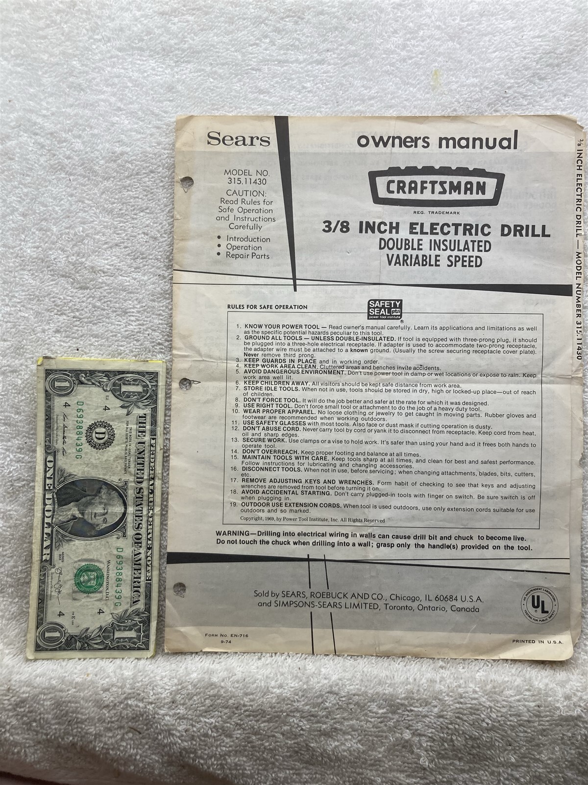 1974 Craftsman 3/8 Inch Electric Drill 315.11430 Owners Manual Guide Vtg