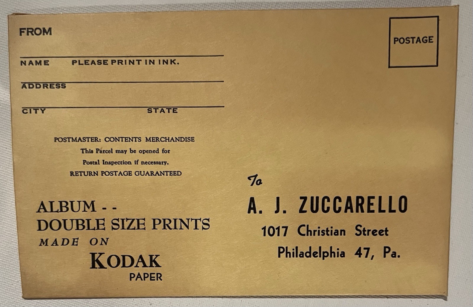 MINT 1948 Phila. Vintage Kodak Mail-In Film Photo Developing Envelope One