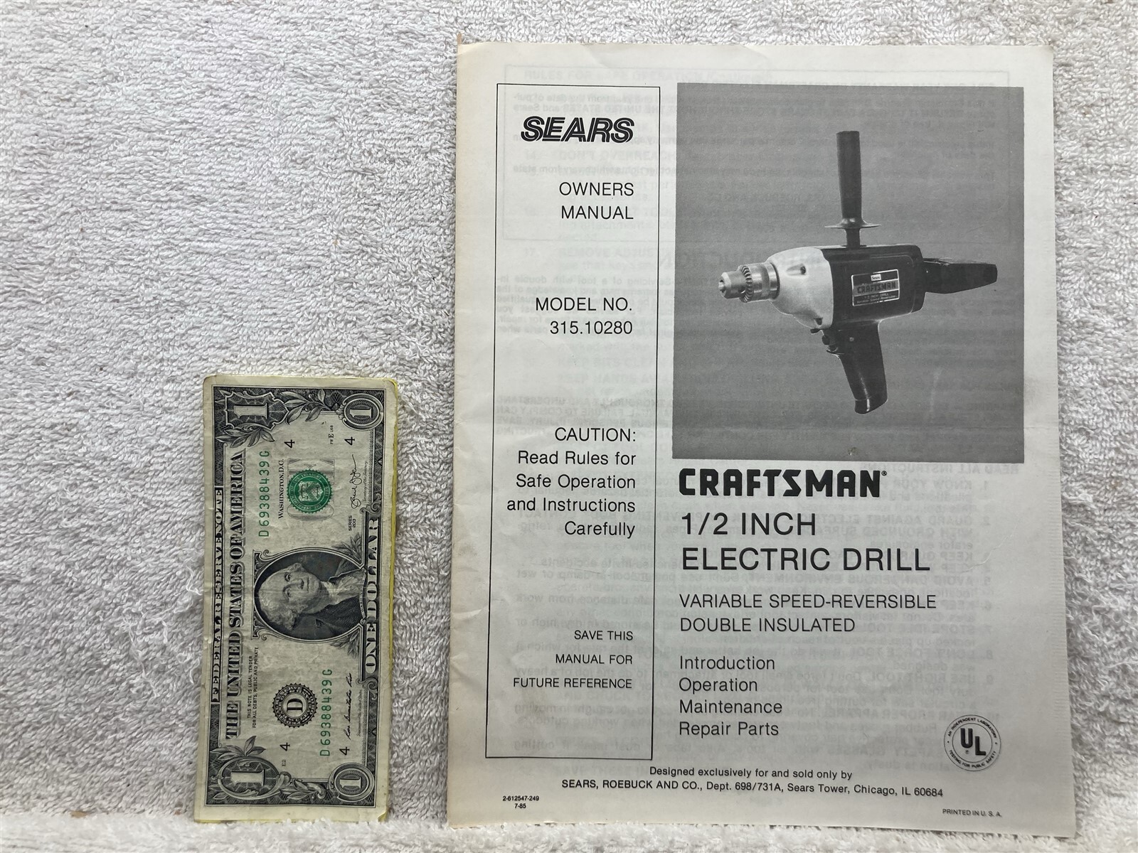 1985 Sears Craftsman 1/2 Inch Electric Drill 315.10280 Owners Manual Vtg
