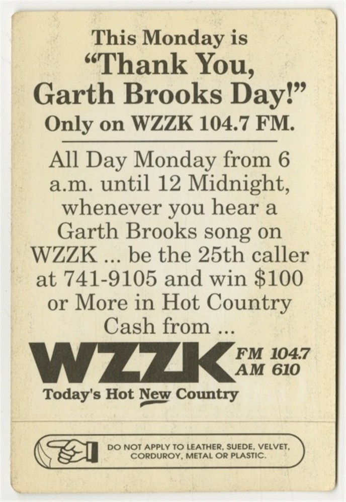 Garth Brooks 1996 concert tour Radio WZZK promo Backstage Pass