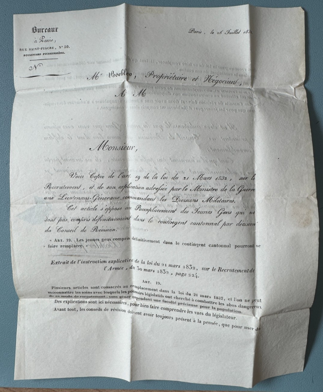 1832 Letter Paris Pluméliau Morbihan Seal 60 P.P. J Postage Paid Recruitment