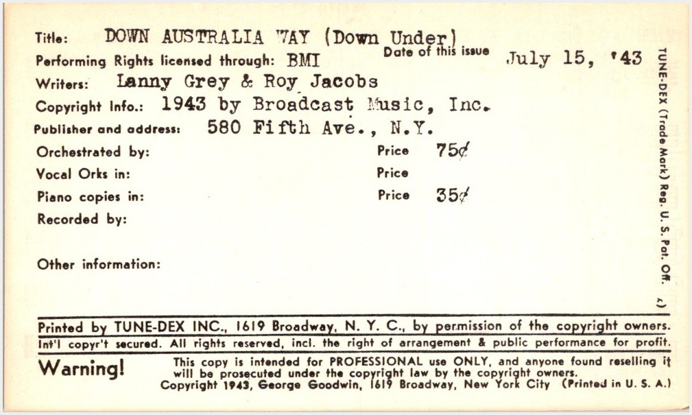 Tune-Dex Card 1943 Australia Down Under WWII BMI Sheet Music Radio BigBd