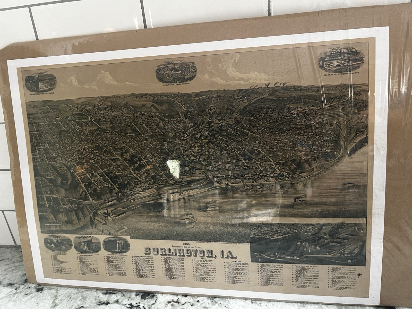 1898 Burlington Iowa Bird’s Eye View Map Antique City Lithograph Print Mounted