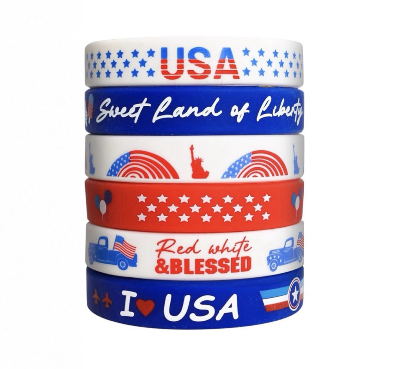 6 Pc Patriotic Silicone Wristband Bracelet Set USA Red White Blue July 4th New