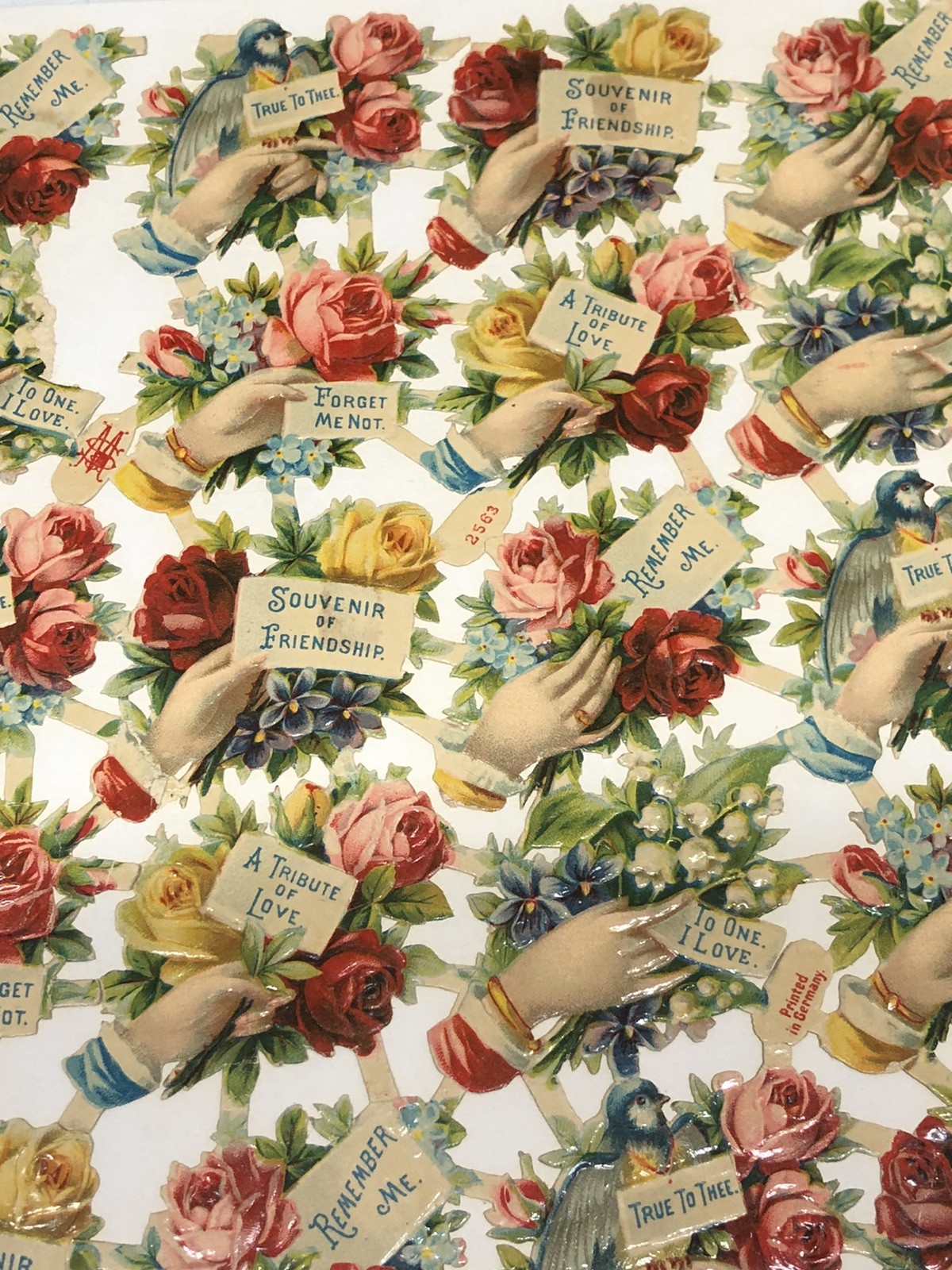 Victorian Die Cut M&S #2563 Floral Hand w/ Nice Message Scrap glued on Paper L12