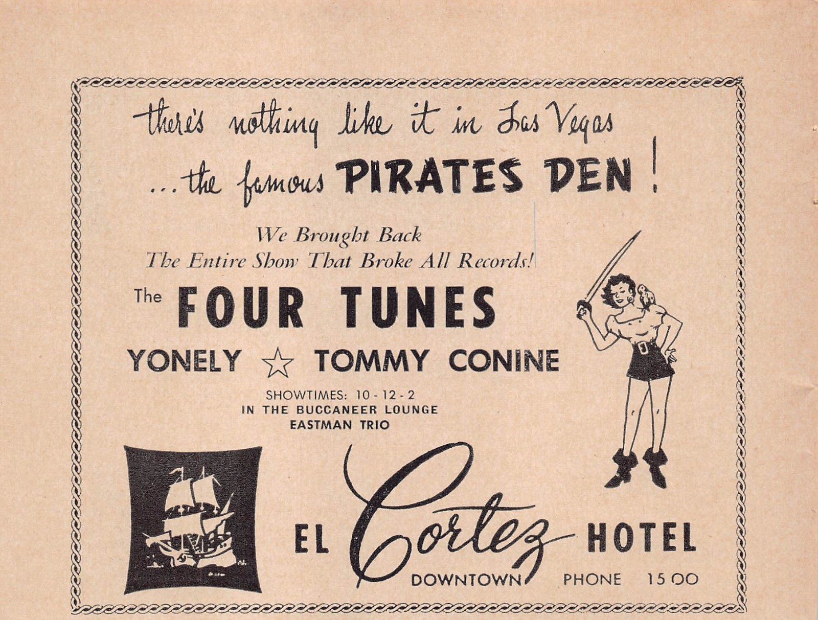 1955 Four Tunes Yonely Conine 1950s Advertisement Las Vegas Cortez Pirates Den