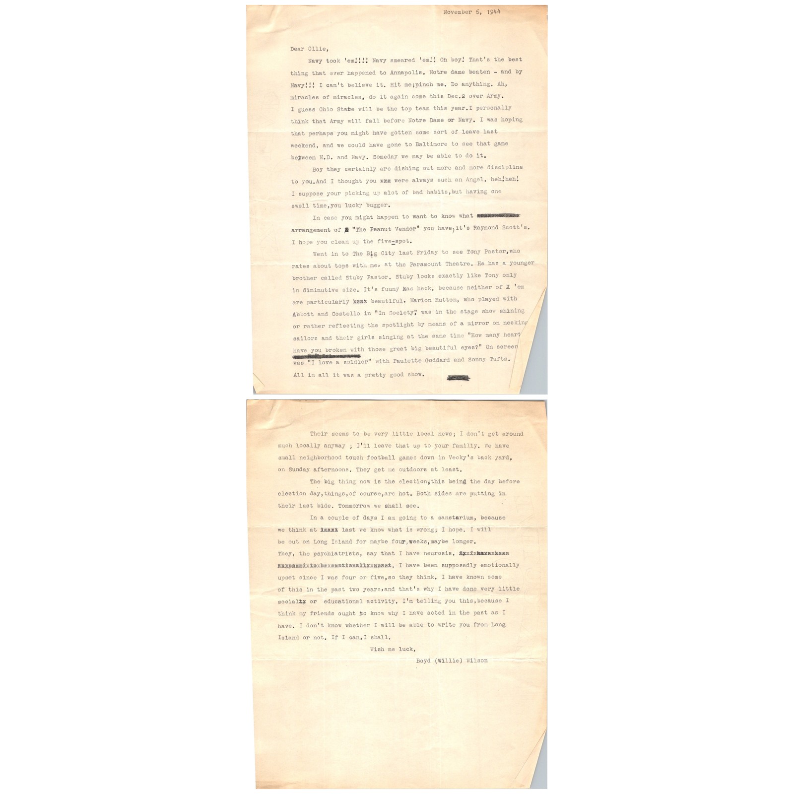 1944 WWII Navy Personal Letter Oliver Odell Deane Typewritten Correspondence