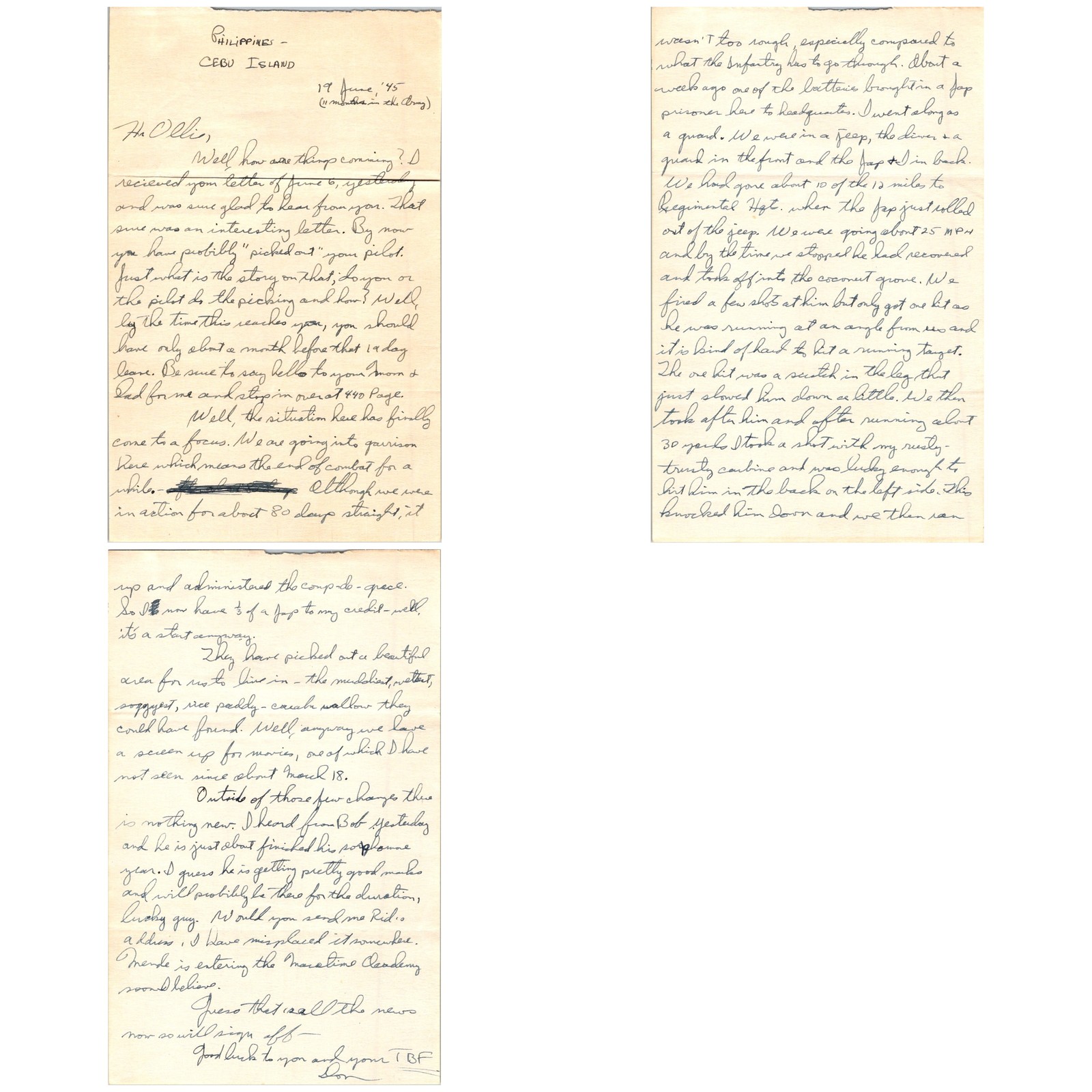 1945 Cebu Philippines Army Don Letter Navy TBF Ollie 3pp Combat Account