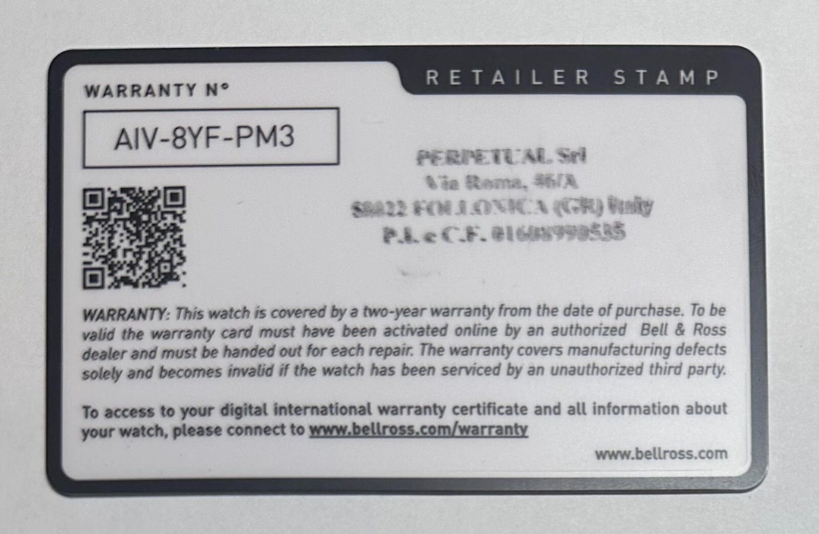 Authentic Bell & Ross Black International Blank Warranty Card Retailer Stamped