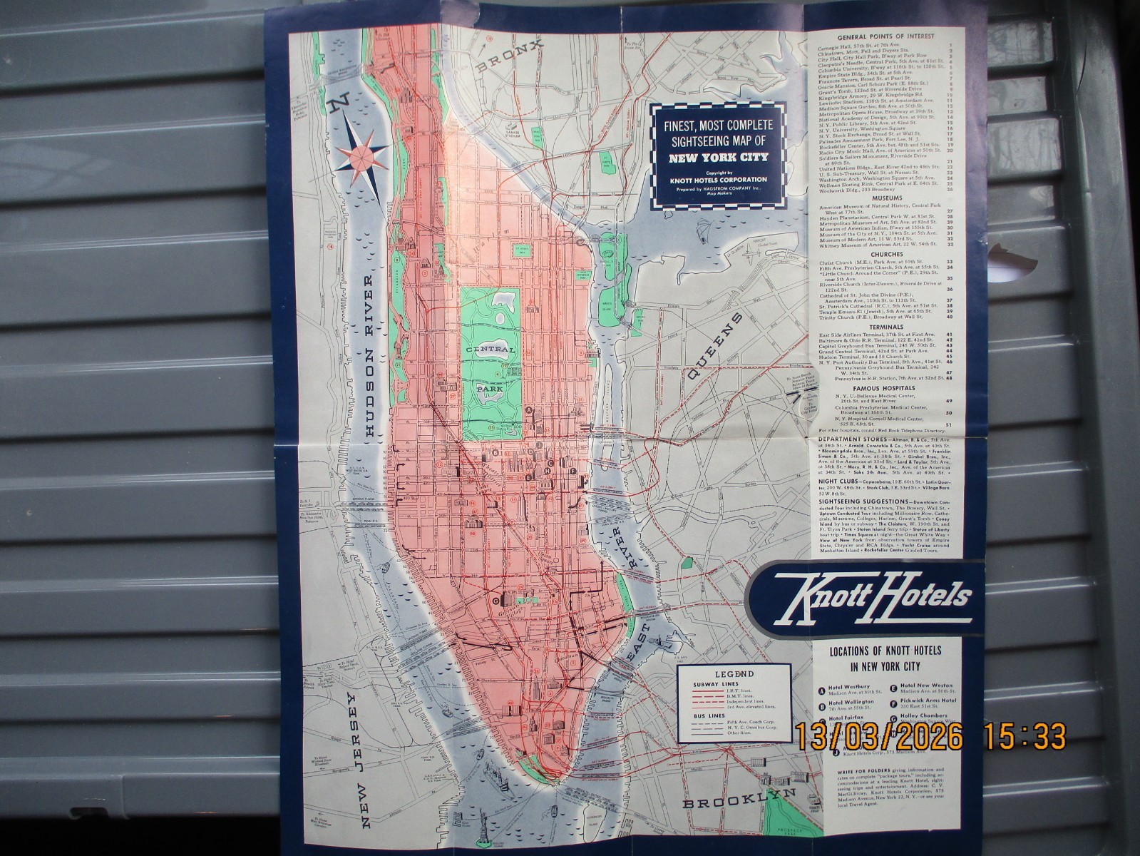 Vintage New York City Sightseeing Map, Issued by Knott Hotels, c1955