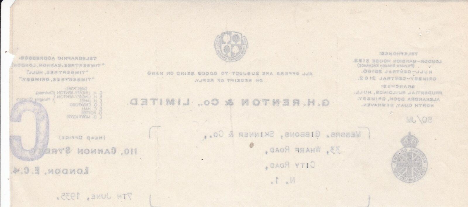 G. H. RENTON & CO,,LTD. Timber Trees Logo London 1935 CUT LETTER HEAD Ref 48941