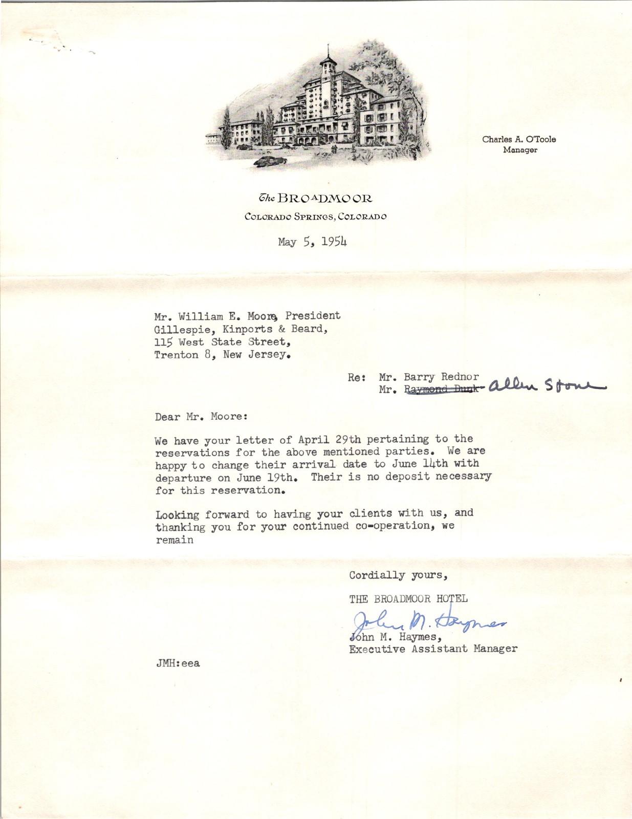 1954 Broadmoor Hotel Colorado Springs Letter to Wm E Moore Carbon Copy Verso
