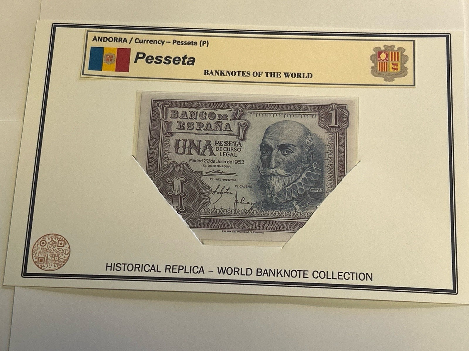 ANDORRA / LAMINATED HISTORICAL REPLICA PRINT – (P) 1 PESSETA NOTE