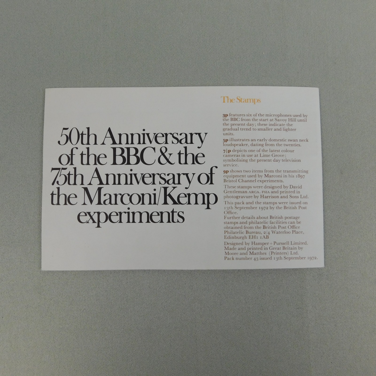 BBC Broadcasting History British Presentation Pack #43 1972 British Mint Stamps