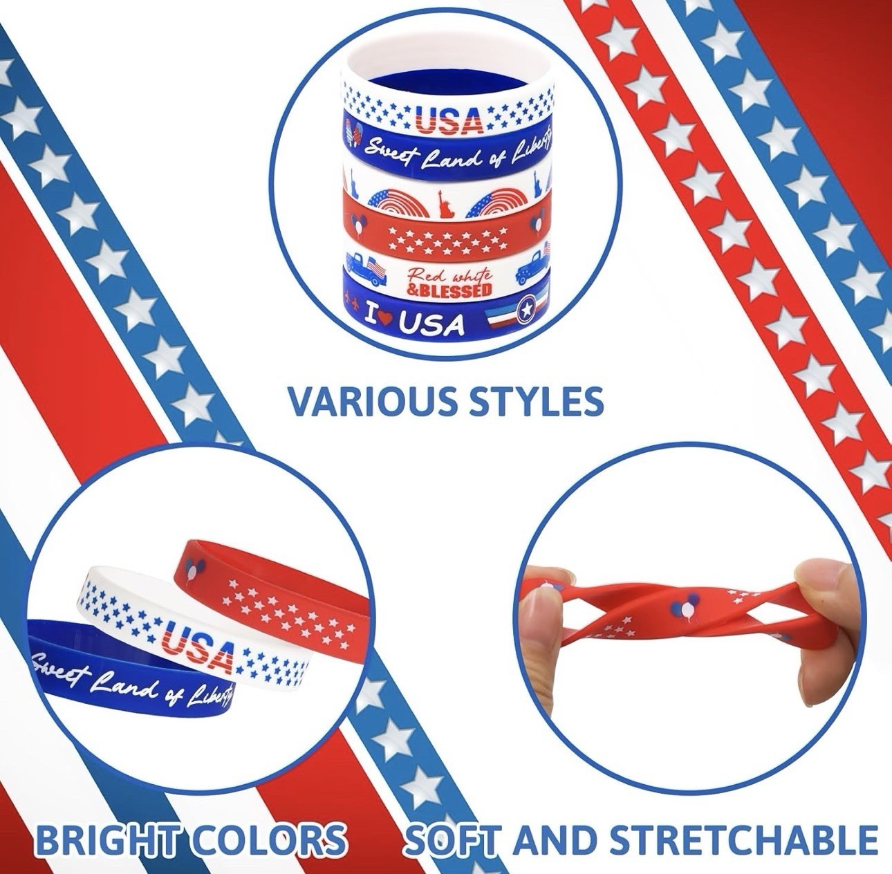6 Pc Patriotic Silicone Wristband Bracelet Set USA Red White Blue July 4th New
