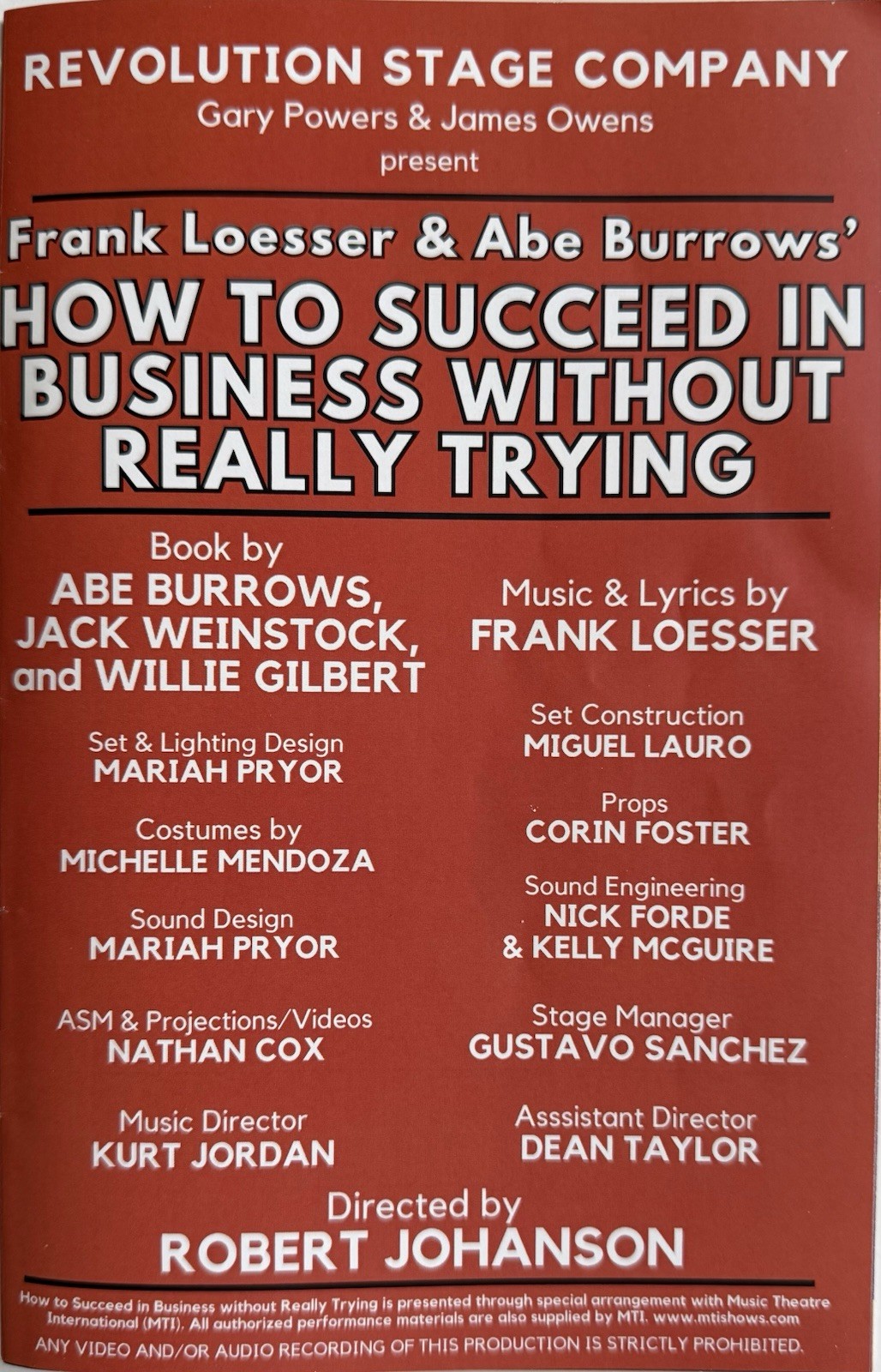 How to Succeed Playbill Revolution Stage Palm Springs – Loesser, Burrows