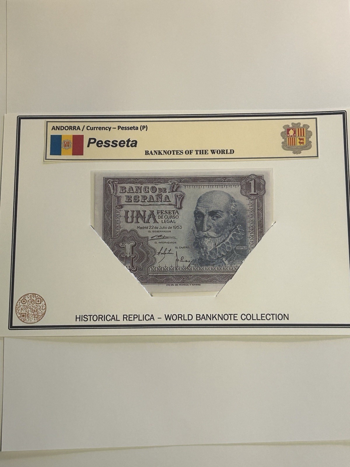 ANDORRA / LAMINATED HISTORICAL REPLICA PRINT – (P) 1 PESSETA NOTE