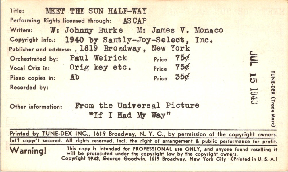 Tune-Dex Card 1943 Meet The Sun Half-Way Burke Monaco Lead Sheet ASCAP